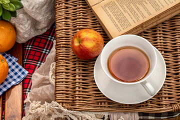 set of picnic basket with bread, fruits and milk