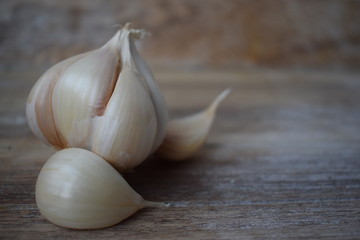 Uncleaned garlic heads with roots and stems on a wooden painted light background. Copy space.