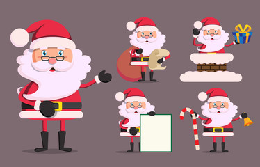 Santa claus christmas cartoon character set holding christmas elements and objects vector illustration.
