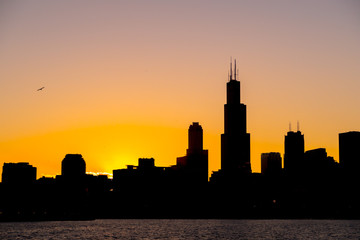 Fototapeta na wymiar Chicago skyline picture during beautiful orange yellow sun as it lowers below the building silhouettes and the water of lake Michigan in the foreground