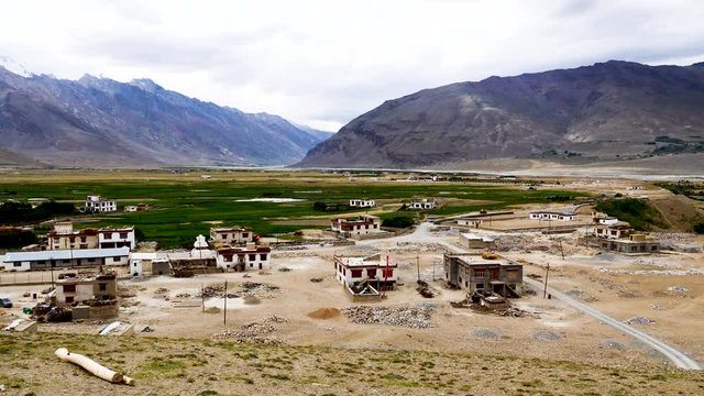Aerial view of scenic Zanskar village with rang of mountains in  Zanskar is part of the Kargil district in India's northernmost state Jammu and Kashmir, India.