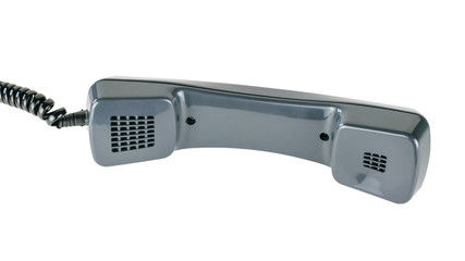 Black handset from vintage phone with black cord isolated on white background.