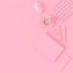 Minimal concept. Coffee milk  in pink cup beside keyboard with notebook,pen and earphone on work desk pink pastel color, 3d render.