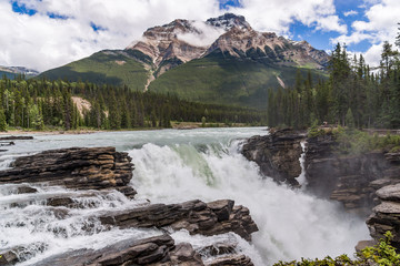 Athabasca Falls with cloudy sky in Canada