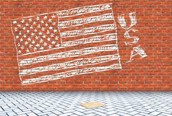 USA flag drawn on a red brick wall with white chalk