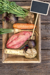 Mix of raw root vegetables: beet, carrot, celery root , parsley root , sweet potato and horseradish with copy space on a wood vintage, rustic background. Above or top view composition.