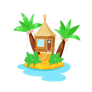 Tropical island in ocean with palm trees and bungalow hut.