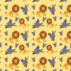 cute lion with flowers pattern background