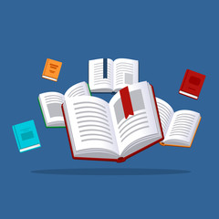 Books illustration. Library research. Scholarship concept. literature background in flat style.