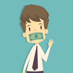 Businessman which mouth is gagged with money.cartoon of business,employee success is the concept of the man characters business, the mood of people, can be used as a background. vector illustration