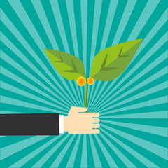 Hand hold Growing money tree icon. with gold coin