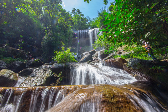 Beautiful waterfalls flow through the rocks in  forest at Soo Da Cave Roi et Thailand