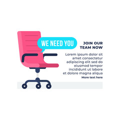 We need you text with vacancy office chair vector illustration. Business hiring and recruiting concept. simple flat background vector design.