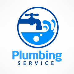 Plumbing service logo in blue, symbol on white with text. Vector