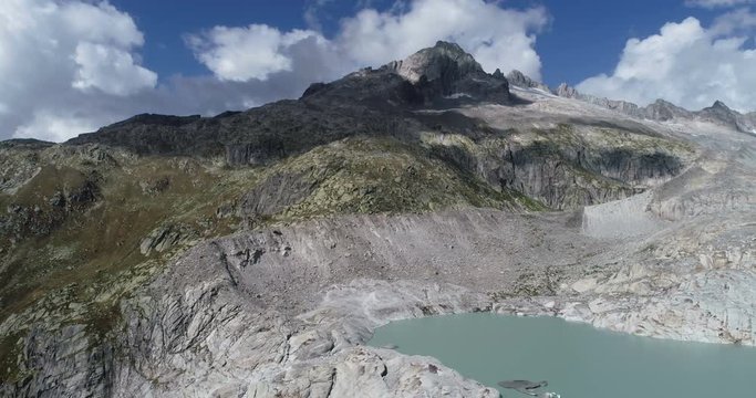 Aerial view of the glacier lake from the Rhone Glacier in the Valais Alps in Switzerland
