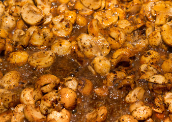 set of chopped mushrooms sauce flavored basis to meat products and pasta a lot of gravy close-up appetizing nourishing additive