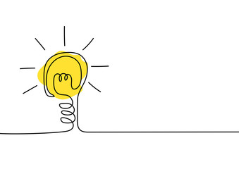 Continuous line drawing. Light bulb of a yellow business ideas concept. Vector illustrations