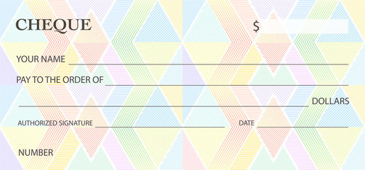 Check (cheque), Chequebook template. Guilloche pattern with abstract watermark, spirograph. Background for banknote, money design, currency, bank note, Voucher, Gift certificate, Coupon, ticket