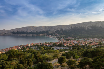 Naklejka na ściany i meble Small village Baska with sea and mountain, island Krk, Croatia