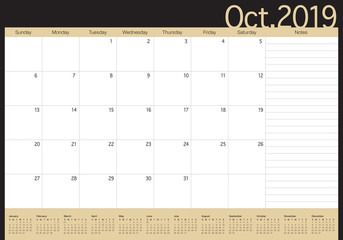 October 2019 desk calendar vector illustration
