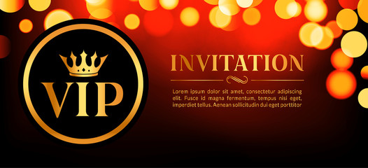 VIP invitation card with gold and bokeh glowing background. Premium luxury elegant design