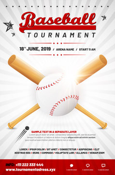 Baseball tournament poster template with ball and crossed bats