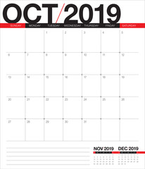 October 2019 desk calendar vector illustration