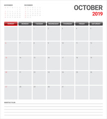 October 2019 desk calendar vector illustration