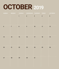 October 2019 desk calendar vector illustration