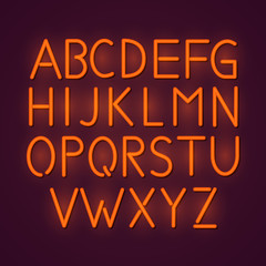 Green neon light glowing alphabet. Neon night font sign. Illuminated tube light alphabet