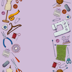 Seamless borders of tools for needlework and sewing. Handmade equipment and needlework accessoriesy, sketch illustration. Vector