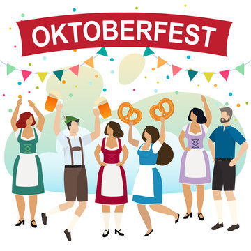 Men and women in traditional Bavarian clothes celebrate beer festival Oktoberfest. Friends in tracht, dindl and lederhosen have fun at the Oktoberfest. Vector