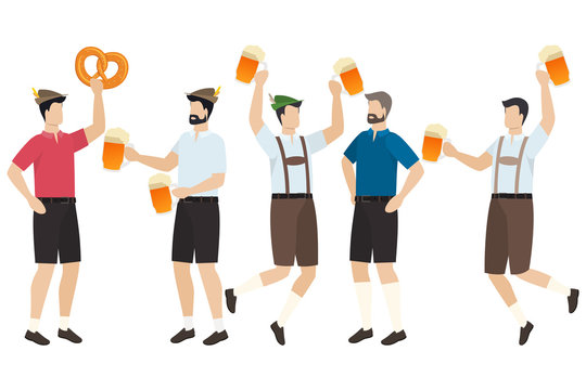 Men in traditional Bavarian tracht and lederhosen with beer in pretzels celebrate beer festival Oktoberfest. Vector