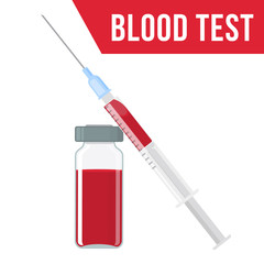 Syringe and ampoule with a blood. Blood collection for blood test, dna test, medical examination. Vector