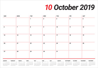 October 2019 desk calendar vector illustration