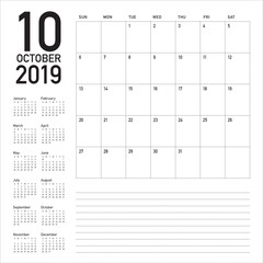 October 2019 desk calendar vector illustration