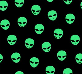 Aliens, seamless pattern, black, green, different emotions, vector. Green alien faces on a black field. Vector image. Decorative seamless pattern.  