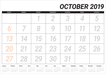 October 2019 desk calendar vector illustration