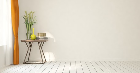 Mock up of white empty room with table. Scandinavian interior design. 3D illustration