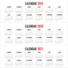 Year 2019 2020 2021 calendar vector design template