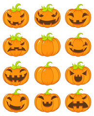 Set of terrible and smiling pumpkins for Halloween in a cartoon style