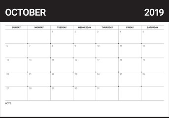October 2019 desk calendar vector illustration