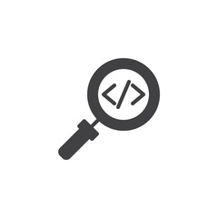 Code search vector icon. filled flat sign for mobile concept and web design. magnifying glass code simple solid icon. Symbol, logo illustration. Pixel perfect vector graphics
