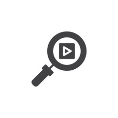 Multimedia search vector icon. filled flat sign for mobile concept and web design. Magnifying glass and video play simple solid icon. Symbol, logo illustration. Pixel perfect vector graphics