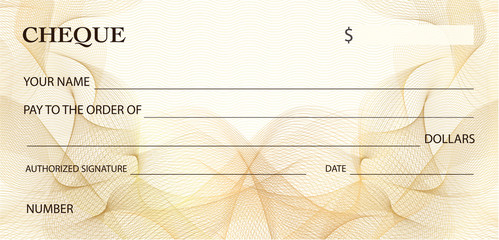 Check (cheque), Chequebook template. Gold lines pattern (Guilloche watermark). Background for ticket, Voucher, Gift certificate, Coupon, banknote, money design, currency, bank note, check (cheque)