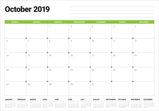 October 2019 desk calendar vector illustration