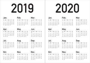 Year 2019 2020 calendar vector design template
