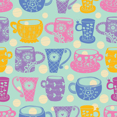 Cute cups. Vector seamless pattern.