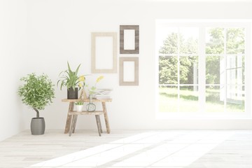 White empty room with summer landscape in window. Scandinavian interior design. 3D illustration