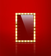 Rectangle bulb frame with mirror isolated on red background. Vector design element.